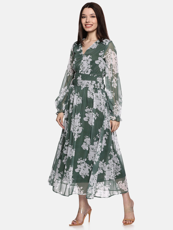 Floral Green Blouson Sleeve Maxi Dress-17410