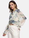 Floral White V-Neck Blouson Sleeve Top-17417