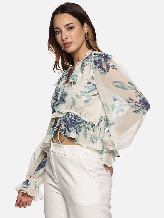 Floral White V-Neck Blouson Sleeve Top-17417