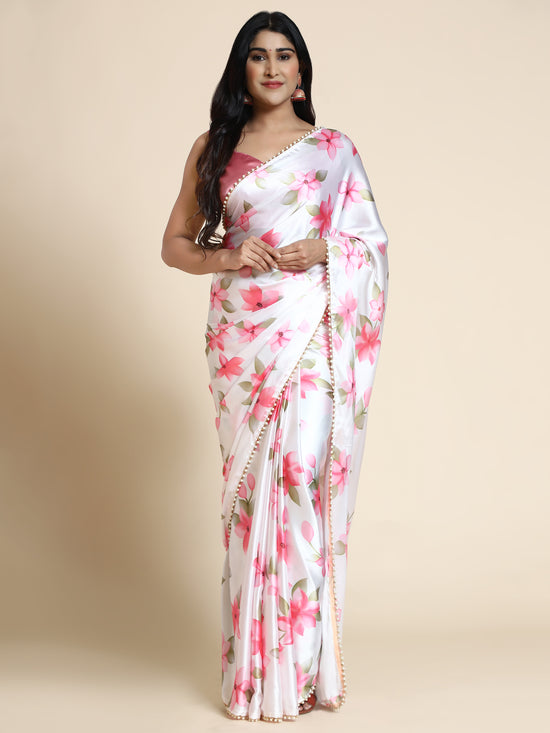 Avanshee Women's Latest Floral Printed Satin Saree With Unstiched Blouse-7045-PEACH