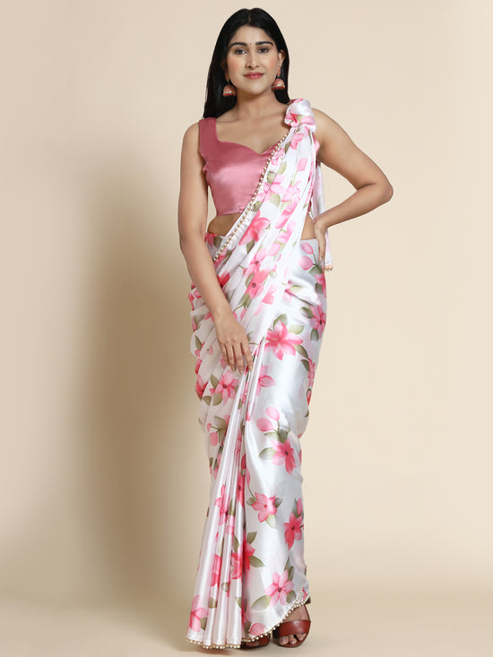 Avanshee Women's Latest Floral Printed Satin Saree With Unstiched Blouse-7045-PEACH