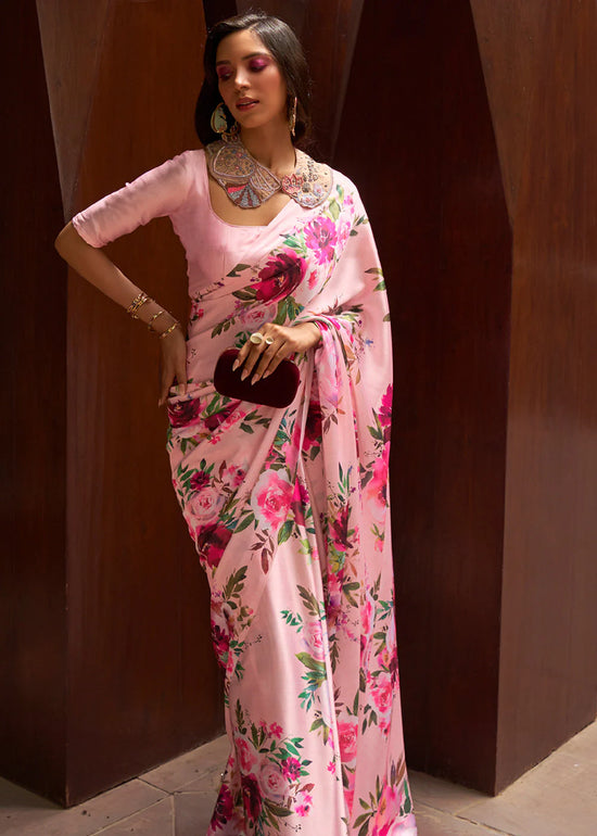 Avanshee Women's Latest Bollywood Floral Printed Satin Saree With Unstiched Blouse-AVN-8090-PINK