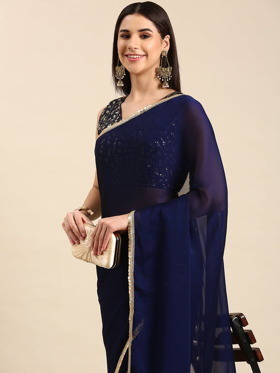 Avanshee Women's Latest Georgette Solid Saree With Unstiched Embroidred Blouse-AVN-1691-NAVY BLUE