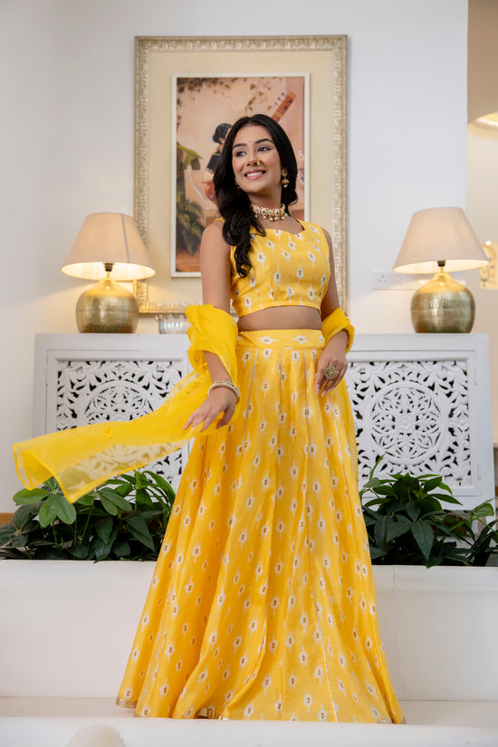 Women Chanderi Printed Lehenga Choli-LC Yellow Boota