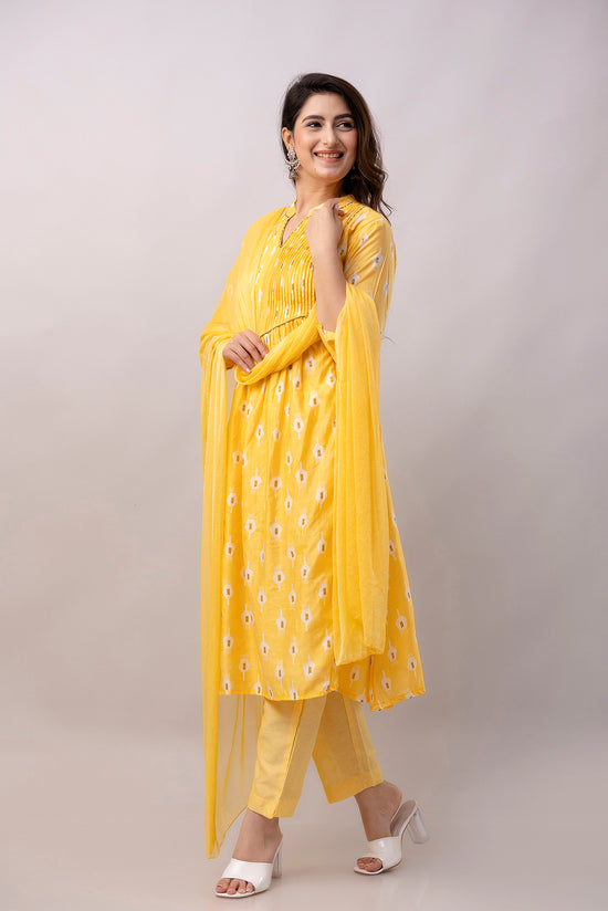 Women Chanderi Three Piece Suit Set-ETPS Yellow Boota