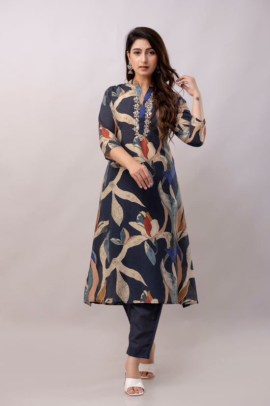 Women Chanderi Three Piece Suit Set-ETPS Blue Flower