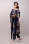 Women Chanderi Three Piece Suit Set-ETPS Blue Flower