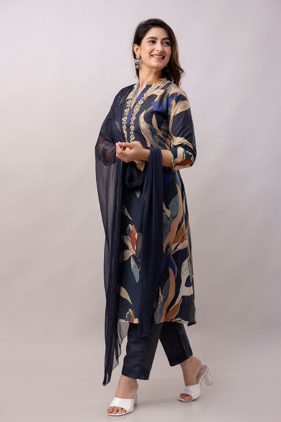 Women Chanderi Three Piece Suit Set-ETPS Blue Flower