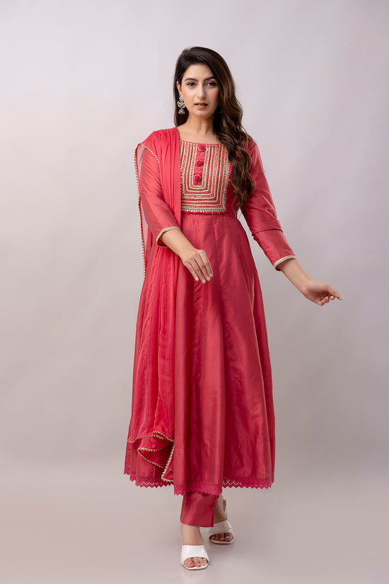 Women Chanderi Three Piece Suit Set-ETPS Solid Red