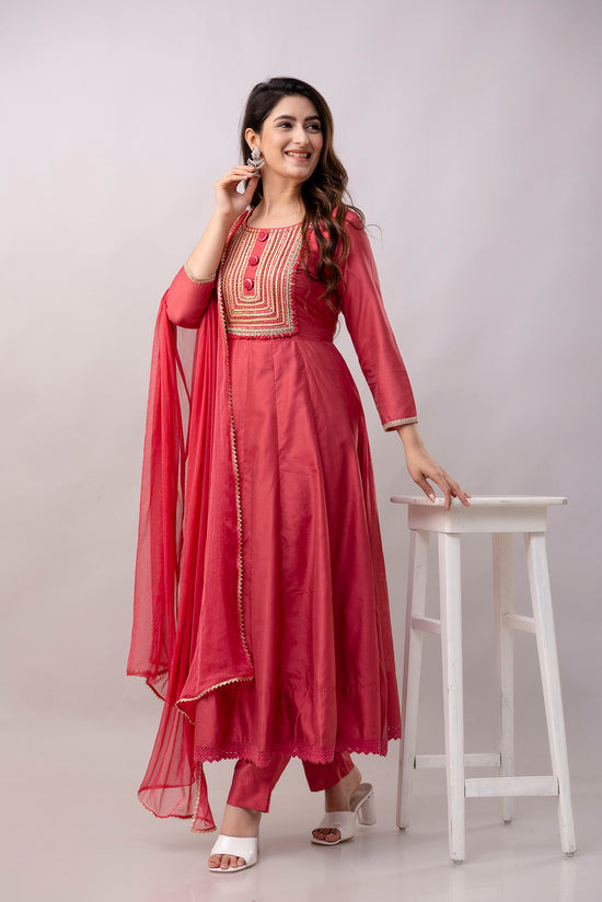 Women Chanderi Three Piece Suit Set-ETPS Solid Red