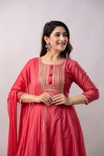 Women Chanderi Three Piece Suit Set-ETPS Solid Red