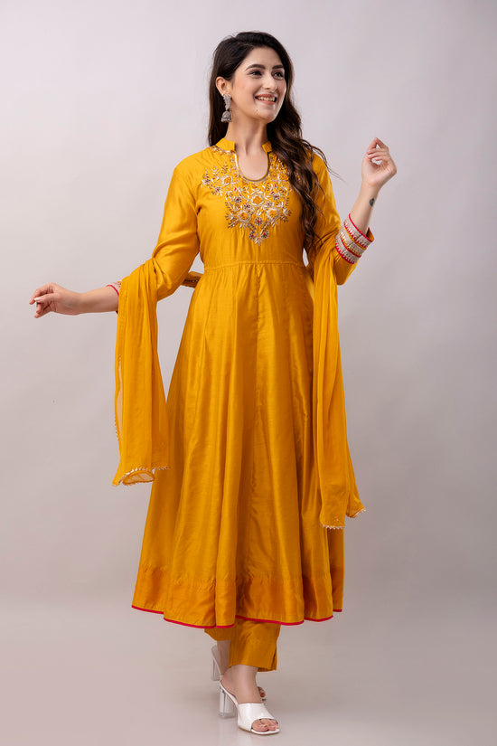 Women Chanderi Three Piece Suit Set-ETPS Mustard