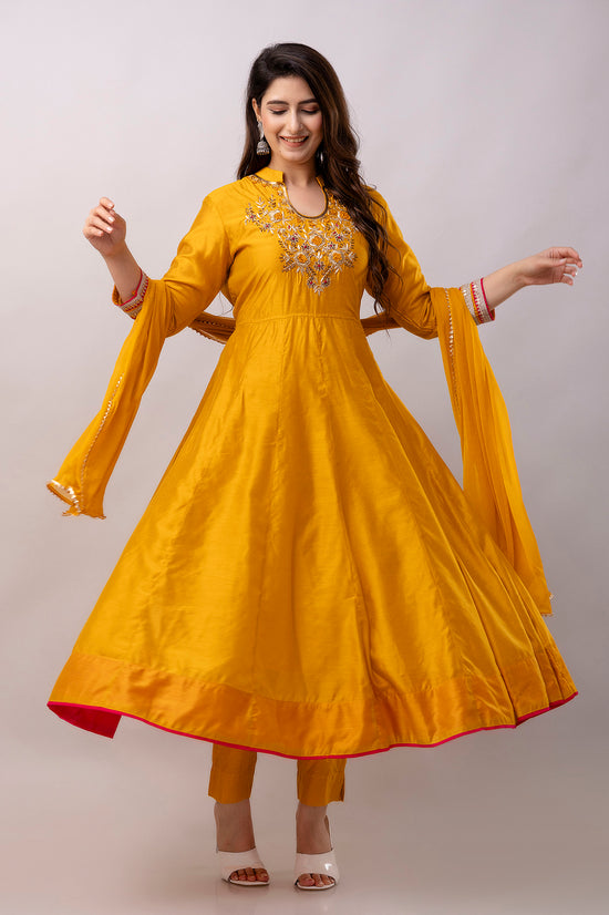 Women Chanderi Three Piece Suit Set-ETPS Mustard