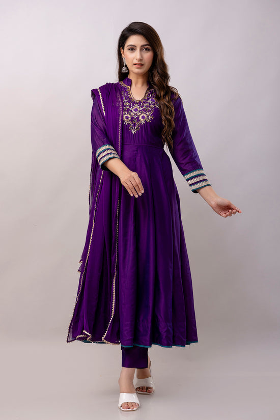 Women Chanderi Three Piece Suit Set-ETPS Purple