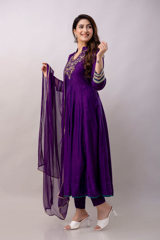 Women Chanderi Three Piece Suit Set-ETPS Purple