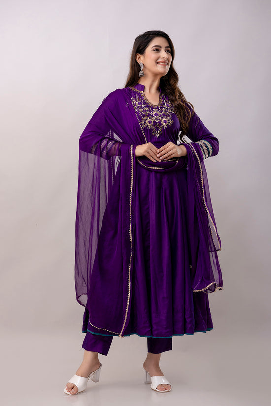 Women Chanderi Three Piece Suit Set-ETPS Purple