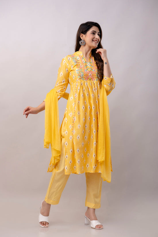 Women Chanderi Three Piece Suit Set-ETPS Pirinted light Yellow