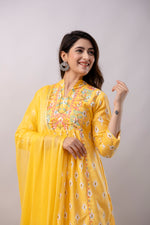 Women Chanderi Three Piece Suit Set-ETPS Pirinted light Yellow