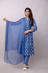 Women Chanderi Three Piece Suit Set-ETPS Blue Boota