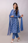 Women Chanderi Three Piece Suit Set-ETPS Blue Boota