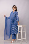 Women Chanderi Three Piece Suit Set-ETPS Blue Boota