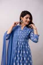 Women Chanderi Three Piece Suit Set-ETPS Blue Boota