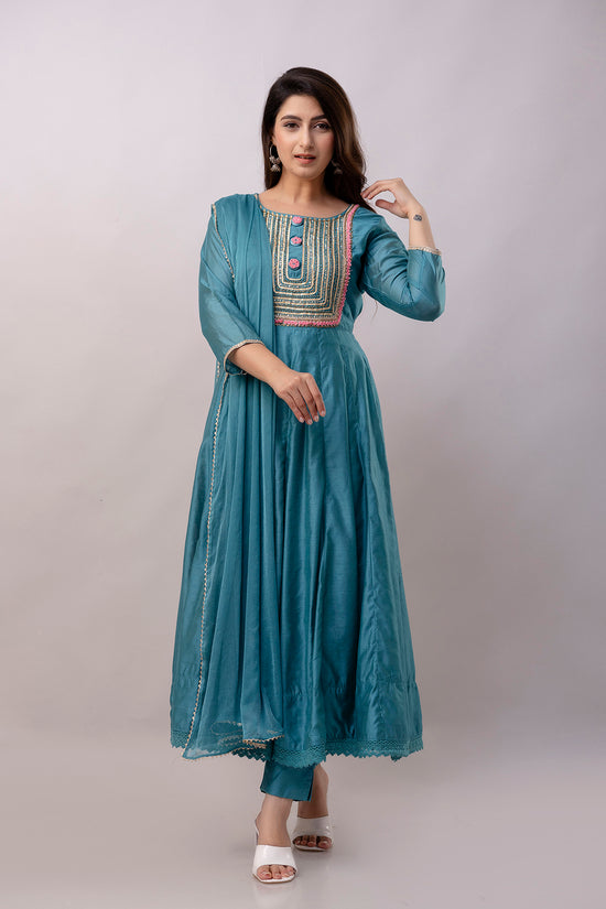 Women Chanderi Three Piece Suit Set-ETPS Teal Blue