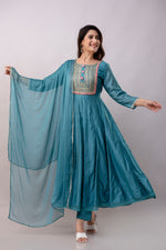 Women Chanderi Three Piece Suit Set-ETPS Teal Blue