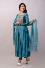 Women Chanderi Three Piece Suit Set-ETPS Teal Blue