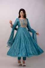 Women Chanderi Three Piece Suit Set-ETPS Teal Blue