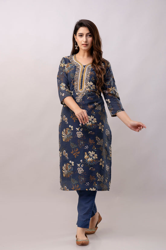 Women Chanderi Three Piece Suit Set-ETPS Navy Blue