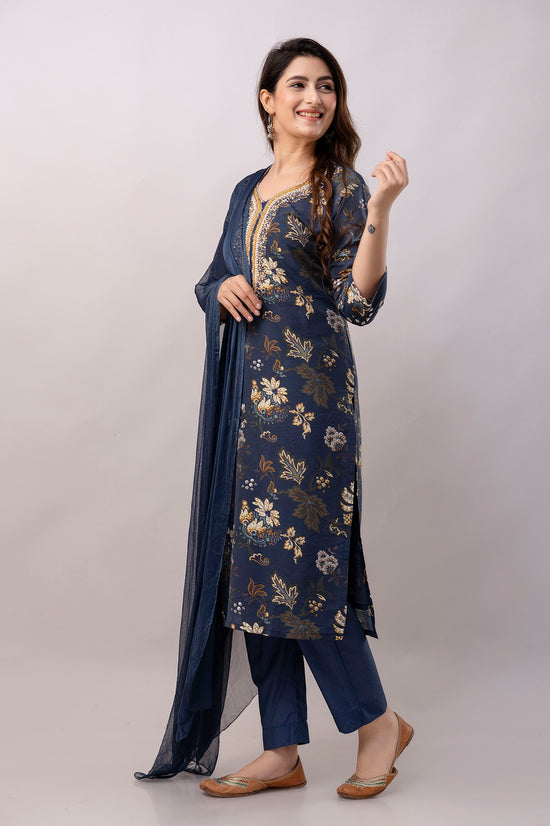 Women Chanderi Three Piece Suit Set-ETPS Navy Blue