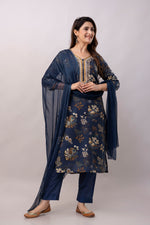 Women Chanderi Three Piece Suit Set-ETPS Navy Blue