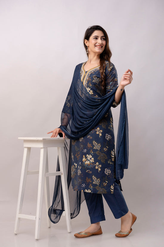 Women Chanderi Three Piece Suit Set-ETPS Navy Blue