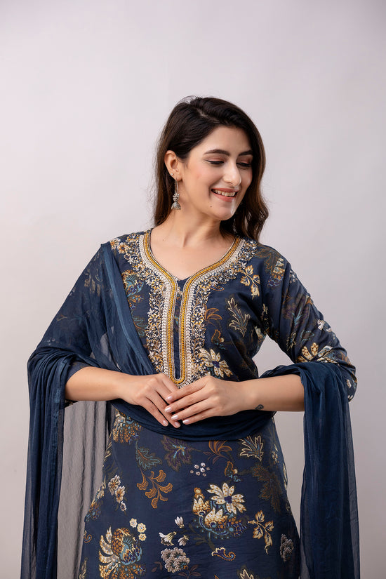 Women Chanderi Three Piece Suit Set-ETPS Navy Blue