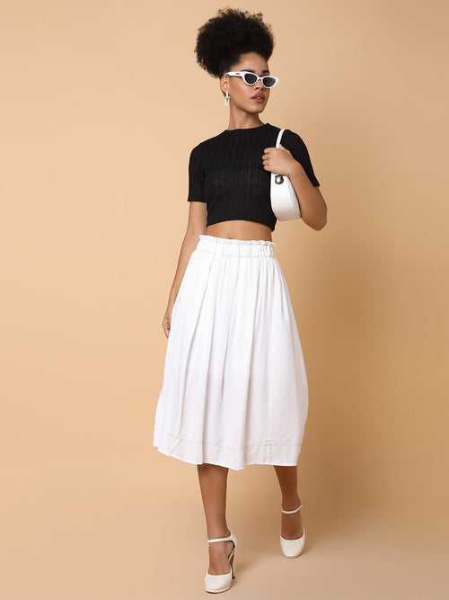 Women Solid White Flared Midi Skirt-328-White