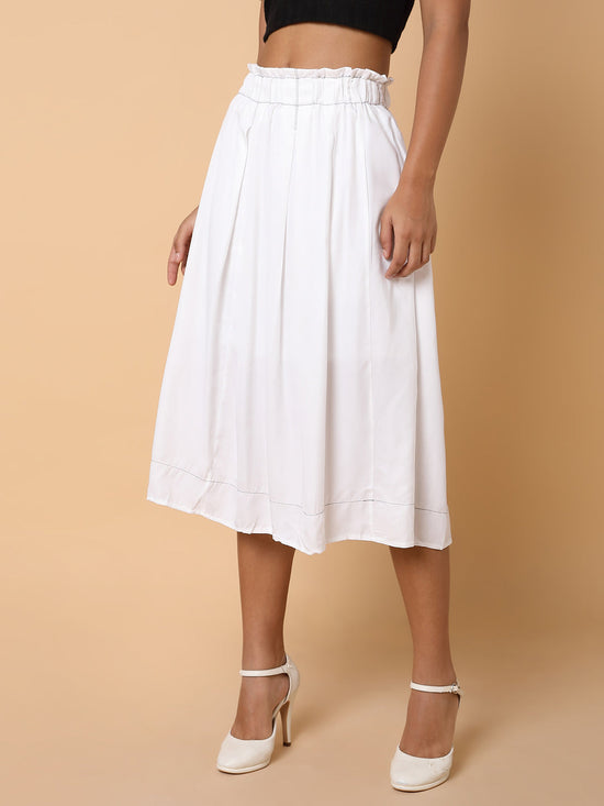 Women Solid White Flared Midi Skirt-328-White