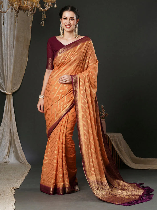 Saree Mall Women's Georgette Peach Woven Design Designer Saree With Blouse Piece-35ALEKHA3503