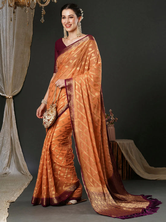 Saree Mall Women's Georgette Peach Woven Design Designer Saree With Blouse Piece-35ALEKHA3503