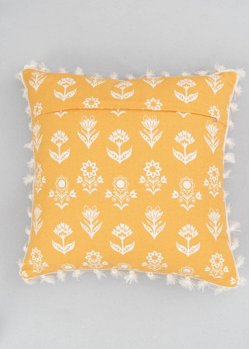 Dahlia Printed 100% cotton floral cushion cover for sofa with tassels - Mustard-230454013