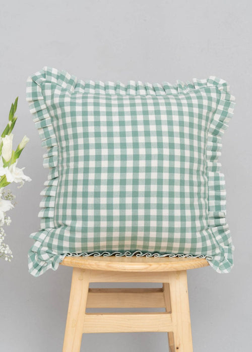 Gingham Cotton 100% cotton geometric cushion cover for sofa - Sage Green-230452037