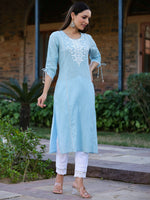 Juniper Women'S Blue Sheer Sucker Embroidered Straight Kurta