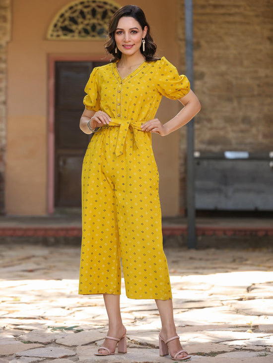 Women Geometric Standard Mustard Jumpsuits & Sets