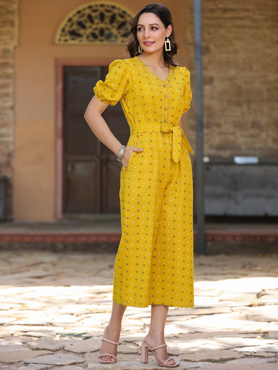 Women Geometric Standard Mustard Jumpsuits & Sets