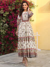 Juniper Women Beige Cotton Cambric Hand Block Look Printed Tiered Maxi Dress.