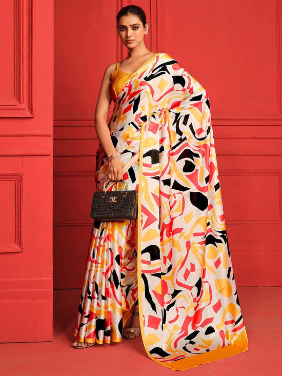 Avanshee Women's Latest Digital Print, Floral Print, Color Block,Bollywood Satin Saree-AVN-8082-YELLOW