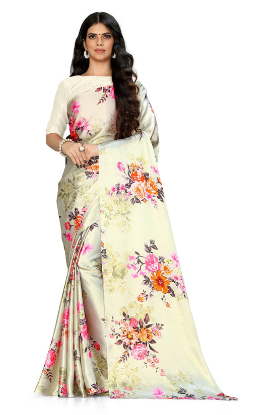 Avanshee Women's Latest Floral Printed Satin Saree With Unstiched Blouse-7048-CREAM