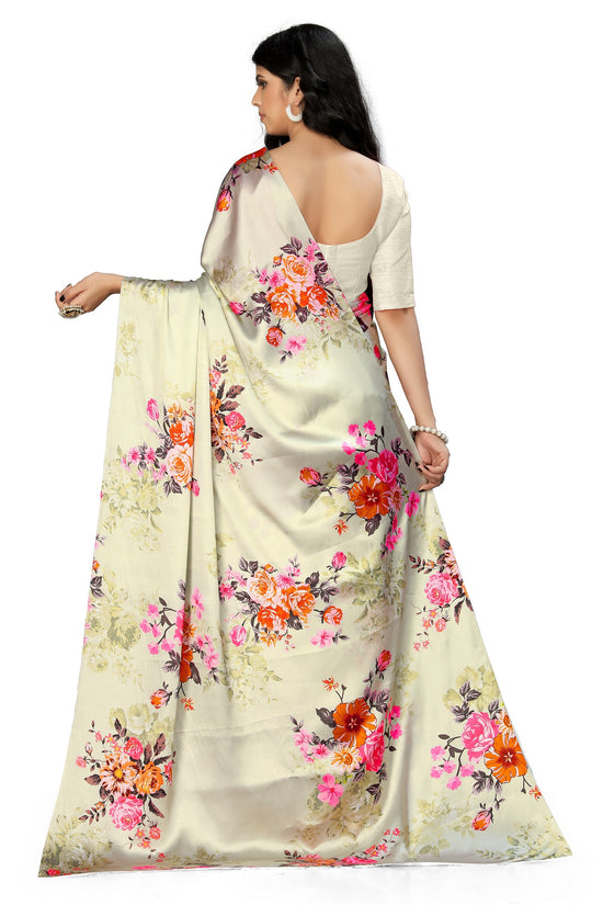 Avanshee Women's Latest Floral Printed Satin Saree With Unstiched Blouse-7048-CREAM