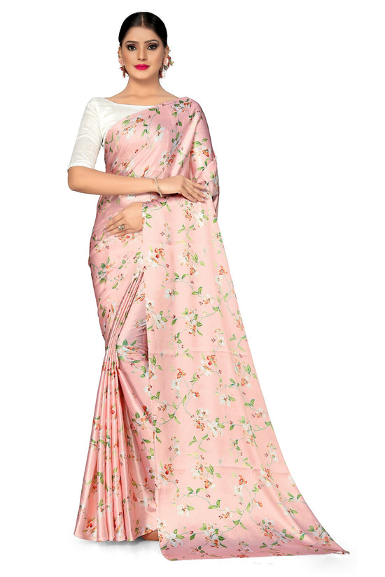 Avanshee Women's Latest Floral Printed Satin Saree With Unstiched Blouse-7048-PEACH