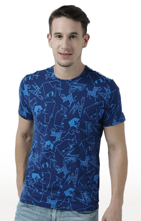 Huetrap Blue Mens Short Sleeve Graphic Printed Tshirt-HT17MKGRALNY00813